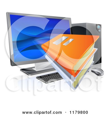 Clipart of Books Flying Through a Computer Screen - Royalty Free Vector Illustration by AtStockIllustration