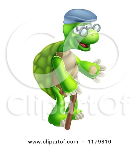 Cartoon of a Happy Old Tortoise Walking with a Cane - Royalty Free Vector Clipart by AtStockIllustration