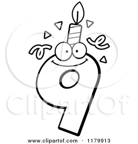 Cartoon of a Black and White Nine Birthday Candle Mascot - Royalty Free Vector Clipart by Cory Thoman