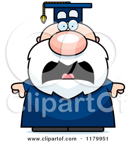 Cartoon of a Scared Chubby Professor in a Graduation Gown - Royalty Free Vector Clipart by Cory Thoman