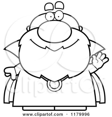 Cartoon of a Black and White Waving Chubby Wizard - Royalty Free Vector Clipart by Cory Thoman