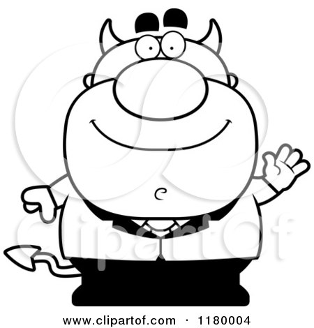 Cartoon of a Black and White Waving Chubby Devil - Royalty Free Vector Clipart by Cory Thoman