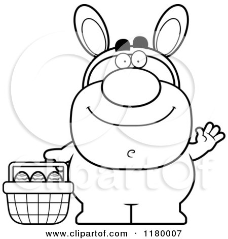 Cartoon of a Black and White Waving Man in an Easter Bunny Costume - Royalty Free Vector Clipart by Cory Thoman