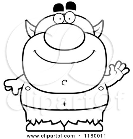 Cartoon of a Black and White Waving Chubby Goblin - Royalty Free Vector Clipart by Cory Thoman