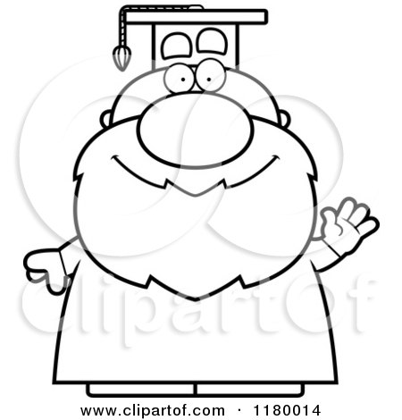 Cartoon of a Black and White Waving Chubby Professor in a Graduation Gown - Royalty Free Vector Clipart by Cory Thoman