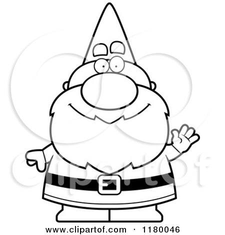 Cartoon of a Black and White Waving Chubby Male Gnome - Royalty Free Vector Clipart by Cory Thoman