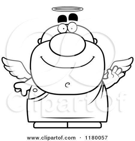 Cartoon of a Black and White Waving Chubby Male Angel - Royalty Free Vector Clipart by Cory Thoman