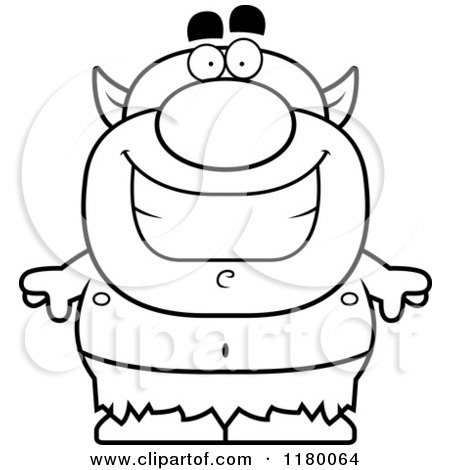 Cartoon of a Black and White Grinning Chubby Goblin - Royalty Free Vector Clipart by Cory Thoman