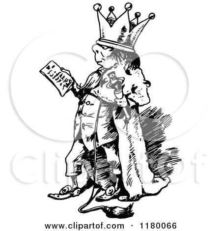 Clipart of a Retro Vintage Black and White King Reading - Royalty Free Vector Illustration by Prawny Vintage