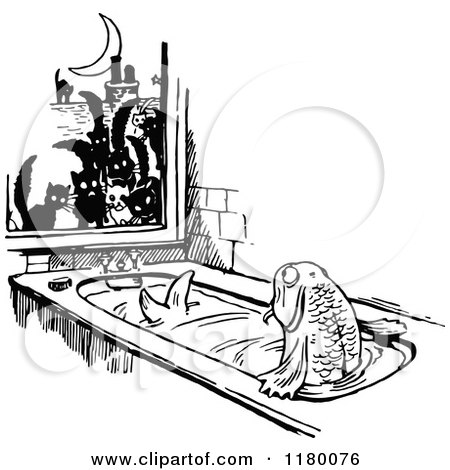 Clipart of Retro Vintage Black and White Cats Watching a Fish in a Bath - Royalty Free Vector Illustration by Prawny Vintage