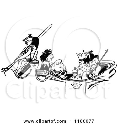 Clipart of a Retro Vintage Black and White Fish and People in a Royal Carriage - Royalty Free Vector Illustration by Prawny Vintage