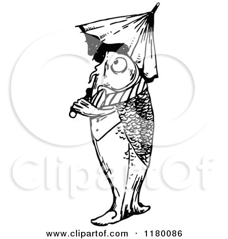 Clipart of a Black and White Gentleman Fish with an Umbrella - Royalty Free Vector Illustration by Prawny Vintage