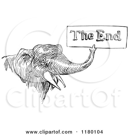 Clipart of a Retro Vintage Black and White Elephant Holding a the End Sign - Royalty Free Vector Illustration by Prawny Vintage