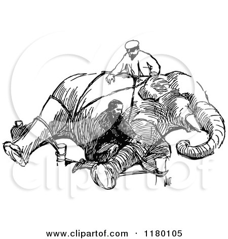 Clipart of Retro Vintage Black and White Men Tying up an Elephant - Royalty Free Vector Illustration by Prawny Vintage