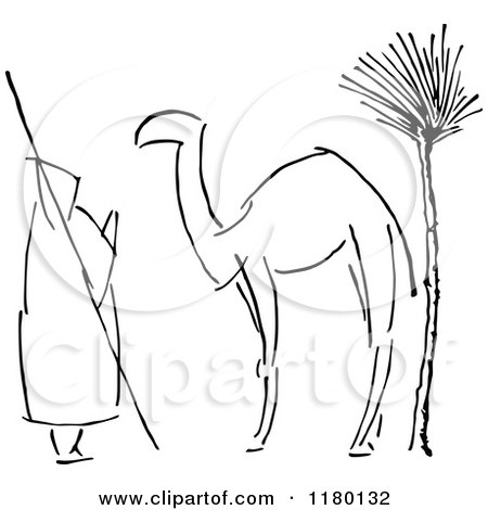 Clipart of a Black and White Sketched Man and Camel - Royalty Free Vector Illustration by Prawny Vintage