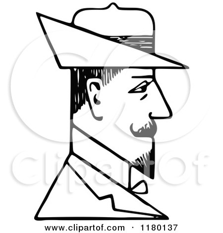 Clipart of a Black and White Sketched Man Wearing a Hat 4 - Royalty Free Vector Illustration by Prawny Vintage