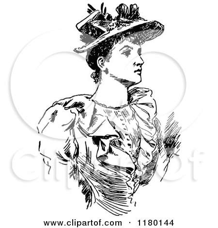 Clipart of a Retro Vintage Black and White Woman Wearing a Hat - Royalty Free Vector Illustration by Prawny Vintage