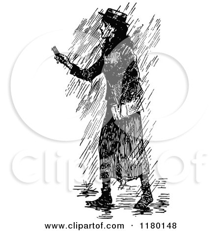 Clipart of a Retro Vintage Black and White Woman in the Rain - Royalty Free Vector Illustration by Prawny Vintage