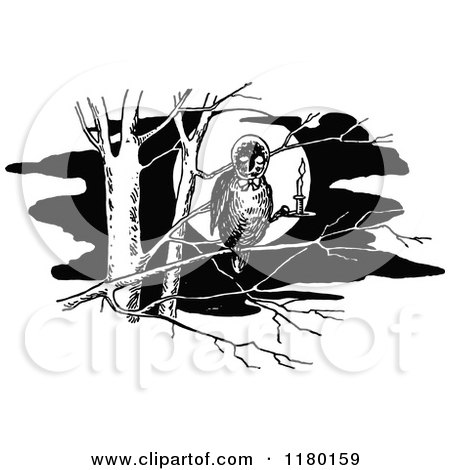 Clipart of a Retro Vintage Black and White Owl in a Tree - Royalty Free Vector Illustration by Prawny Vintage