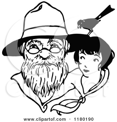 Clipart of a Black and White Sketched Man Girl and Bird - Royalty Free Vector Illustration by Prawny Vintage