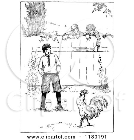 Clipart of a Retro Vintage Black and White Boy in a Yard with a Chicken - Royalty Free Vector Illustration by Prawny Vintage