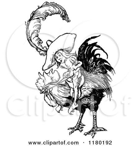 Clipart of a Retro Vintage Black and White Boy Riding a Rooster - Royalty Free Vector Illustration by Prawny Vintage