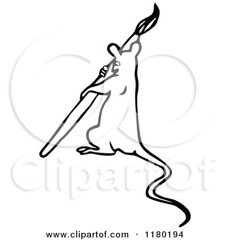Clipart of a Black and White Mouse with a Paintbrush - Royalty Free Vector Illustration by Prawny Vintage