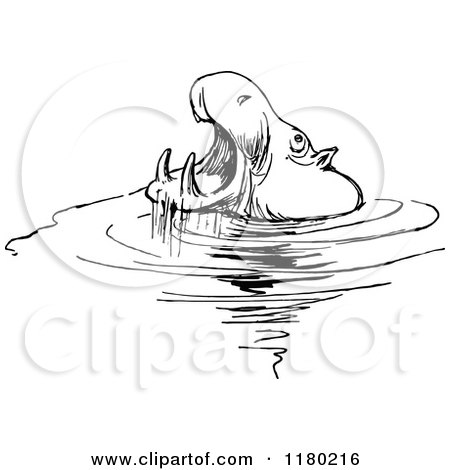 Clipart of a Black and White Sketched Wading Hippo - Royalty Free Vector Illustration by Prawny Vintage