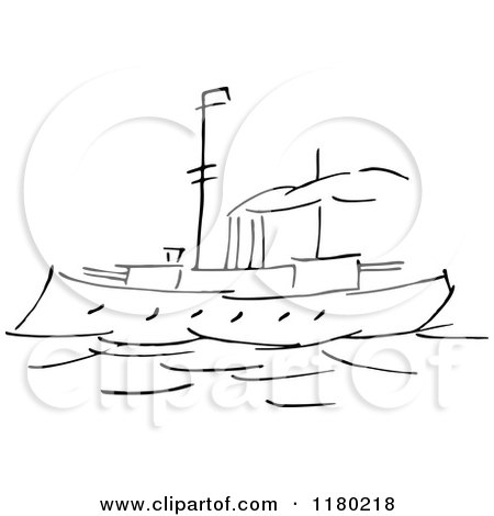Clipart of a Black and White Sketched Steam Boat - Royalty Free Vector Illustration by Prawny Vintage