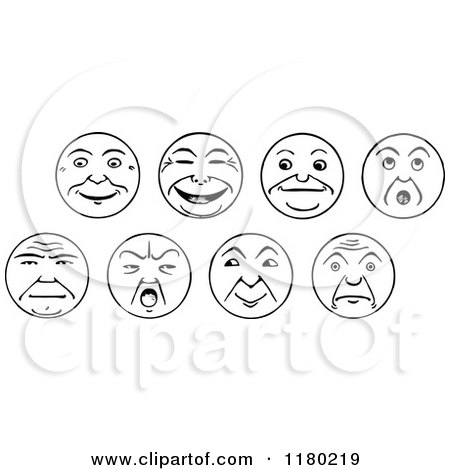 Clipart of a Black and White Sketched Emoticon Faces - Royalty Free Vector Illustration by Prawny Vintage