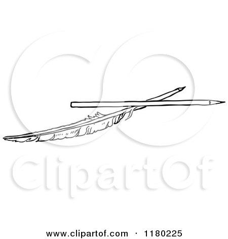 Clipart of a Black and White Sketched Feather and Pencil - Royalty Free Vector Illustration by Prawny Vintage