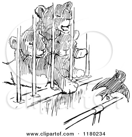 Clipart of Retro Vintage Black and White Caged Lion Cubs and a Bird - Royalty Free Vector Illustration by Prawny Vintage