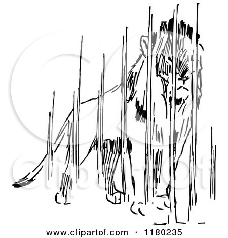 Clipart of a Retro Vintage Black and White Caged Lion - Royalty Free Vector Illustration by Prawny Vintage