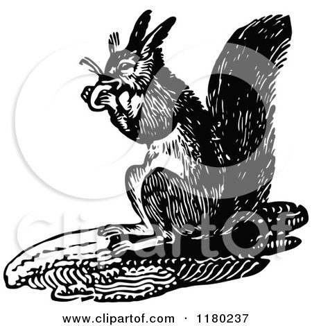 Clipart of a Retro Vintage Black and White Squirrel Eating - Royalty Free Vector Illustration by Prawny Vintage