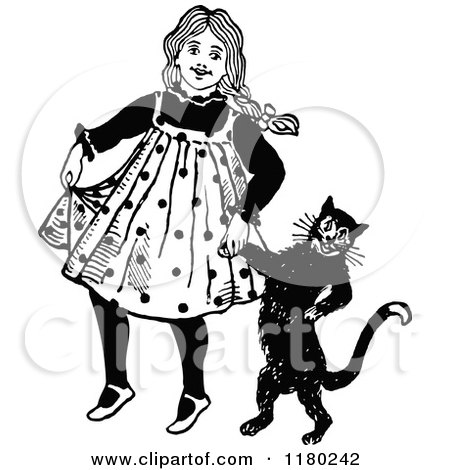 Clipart of a Retro Vintage Black and White Girl Walking with Her Cat - Royalty Free Vector Illustration by Prawny Vintage