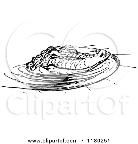 Clipart of a Black and White Wading Crocodile - Royalty Free Vector Illustration by Prawny Vintage