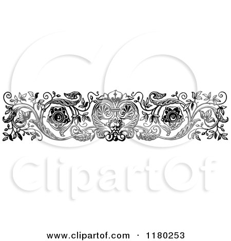 Clipart of a Retro Vintage Black and White Rule Border of Vines and Flowers - Royalty Free Vector Illustration by Prawny Vintage