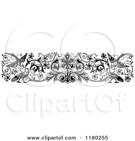 Clipart of a Retro Vintage Black and White Rule Border of Vines and Birds - Royalty Free Vector Illustration by Prawny Vintage