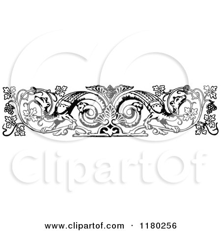 Clipart of a Retro Vintage Black and White Rule Border of Fruit Vines and Fantasy Creatures - Royalty Free Vector Illustration by Prawny Vintage