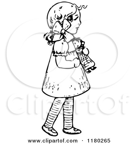 Clipart of a Retro Vintage Black and White Girl with a Doll - Royalty Free Vector Illustration by Prawny Vintage