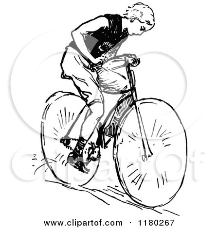 Clipart of a Retro Vintage Black and White Boy Riding a Bicycle - Royalty Free Vector Illustration by Prawny Vintage