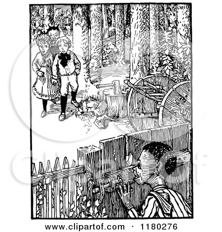 Clipart of Retro Vintage Black and White Children in the Woods - Royalty Free Vector Illustration by Prawny Vintage
