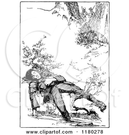Clipart of a Retro Vintage Black and White Boy Sleeping by a Creek - Royalty Free Vector Illustration by Prawny Vintage