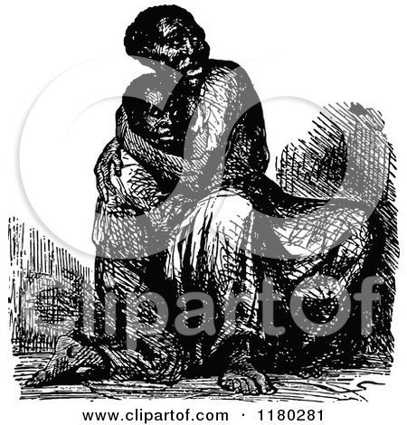 Clipart of a Retro Vintage Black and White Scared Black Mother and Child - Royalty Free Vector Illustration by Prawny Vintage
