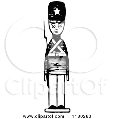 Clipart of a Retro Vintage Black and White Toy Soldier 2 - Royalty Free Vector Illustration by Prawny Vintage