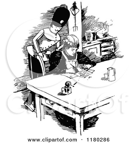 Clipart of a Retro Vintage Black and White Soldier Watching a Woman Write - Royalty Free Vector Illustration by Prawny Vintage