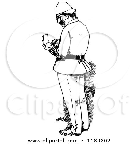 Clipart of a Retro Vintage Black and White Officer Writing a Ticket - Royalty Free Vector Illustration by Prawny Vintage
