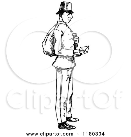 Clipart of a Retro Vintage Black and White Post Man Holding an Envelope - Royalty Free Vector Illustration by Prawny Vintage