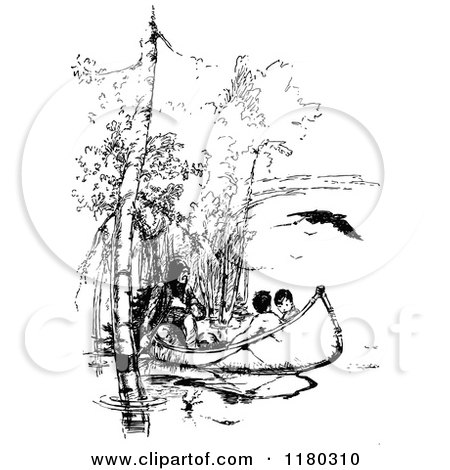 Clipart of Retro Vintage Black and White Native Americans in a Canoe - Royalty Free Vector Illustration by Prawny Vintage