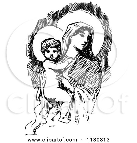 Clipart of a Retro Vintage Black and White Baby Jesus and Mary - Royalty Free Vector Illustration by Prawny Vintage